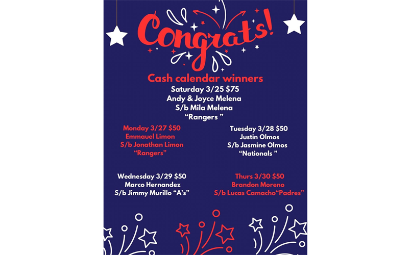 cash calendar winners 3/25-3/30